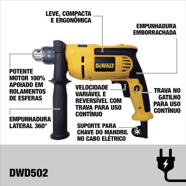 Furadeira de Impacto de 1/2 Pol. (13mm) 710W 2.600 RPM com Maleta 127V DWD502K DEWALT - Image 2