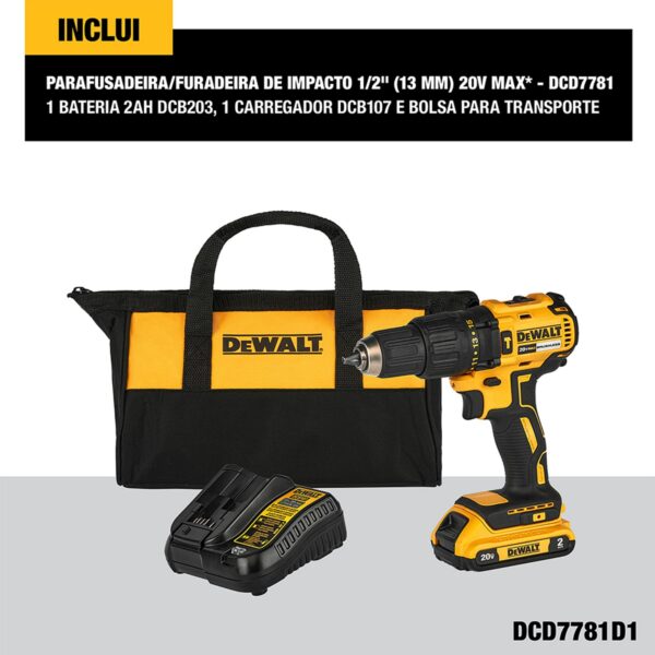 Furadeira E Parafusadeira De Impacto 20v Dewalt Dcd7781d1 Cor Amarelo Frequência 50/60hz 110V/220V - Image 3