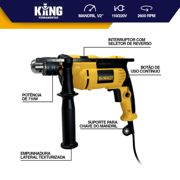 Furadeira de Impacto Profissional Com 5 Brocas Dewalt 710W 127v 220v - Image 2