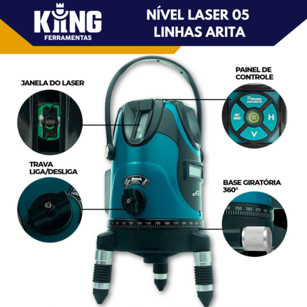 Nível Laser 5 Linhas Verde Profissional Autonivelamento Recarregável Alcance de 30 Metros - Image 3